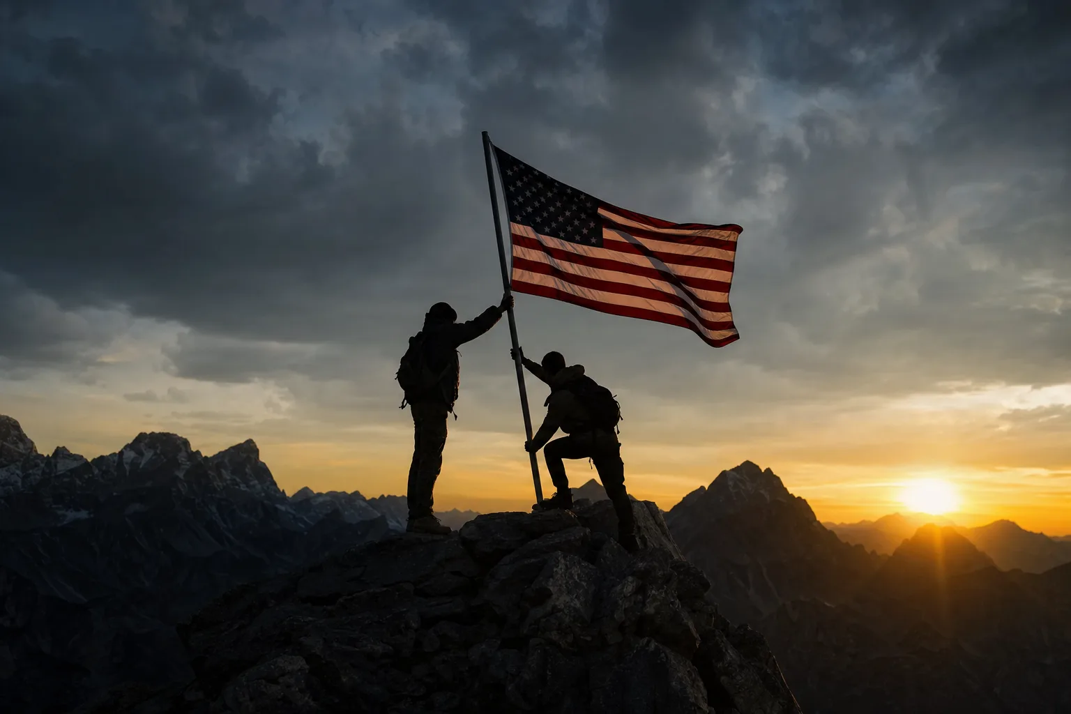 Silhouettes of two hikers raising an American flag on a mountain summit at sunset