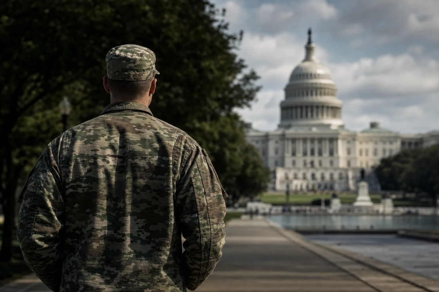 Service member seen from behind facing the United States Capitol