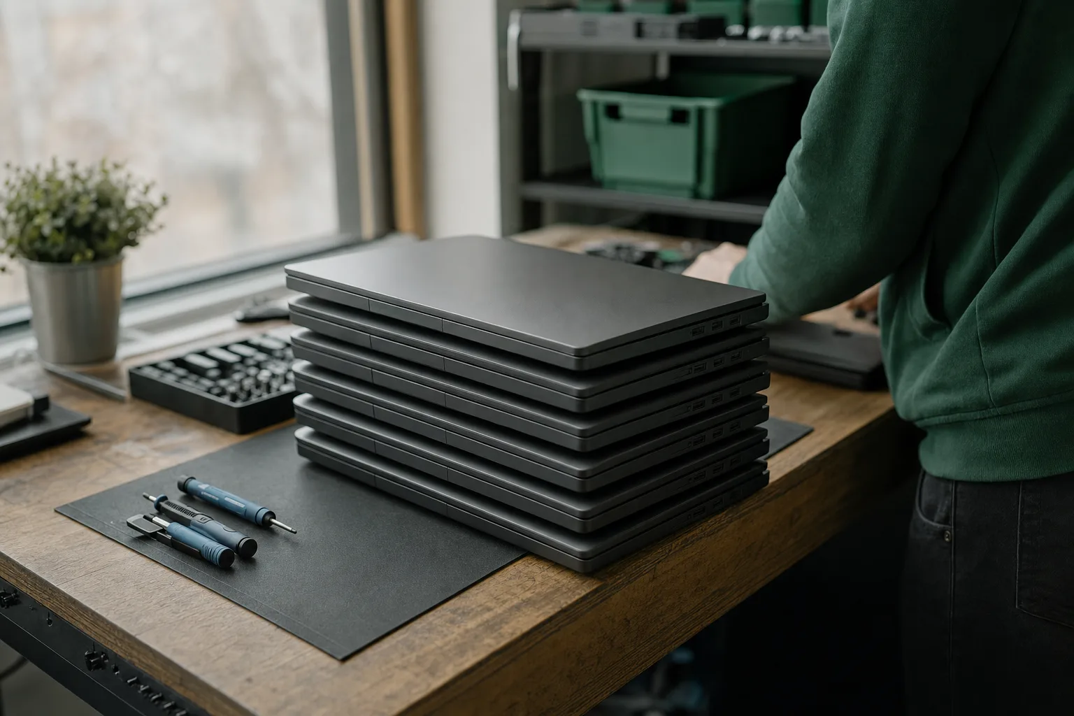 Stack of refurbished laptops on a workshop bench