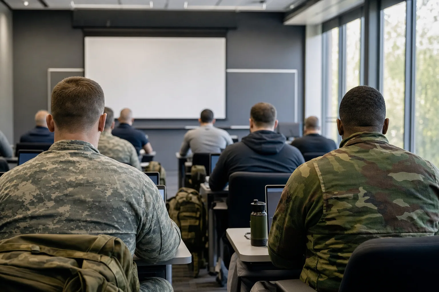 Veterans in a modern classroom working at laptops