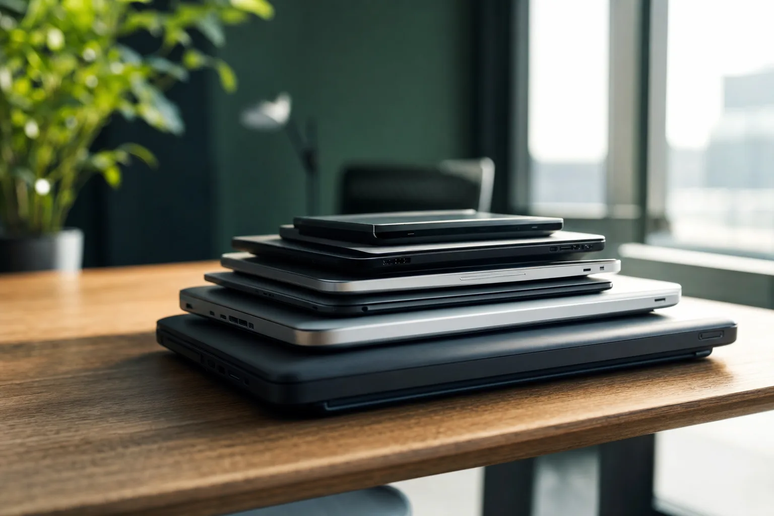Stack of laptops and tablets on a wooden desk