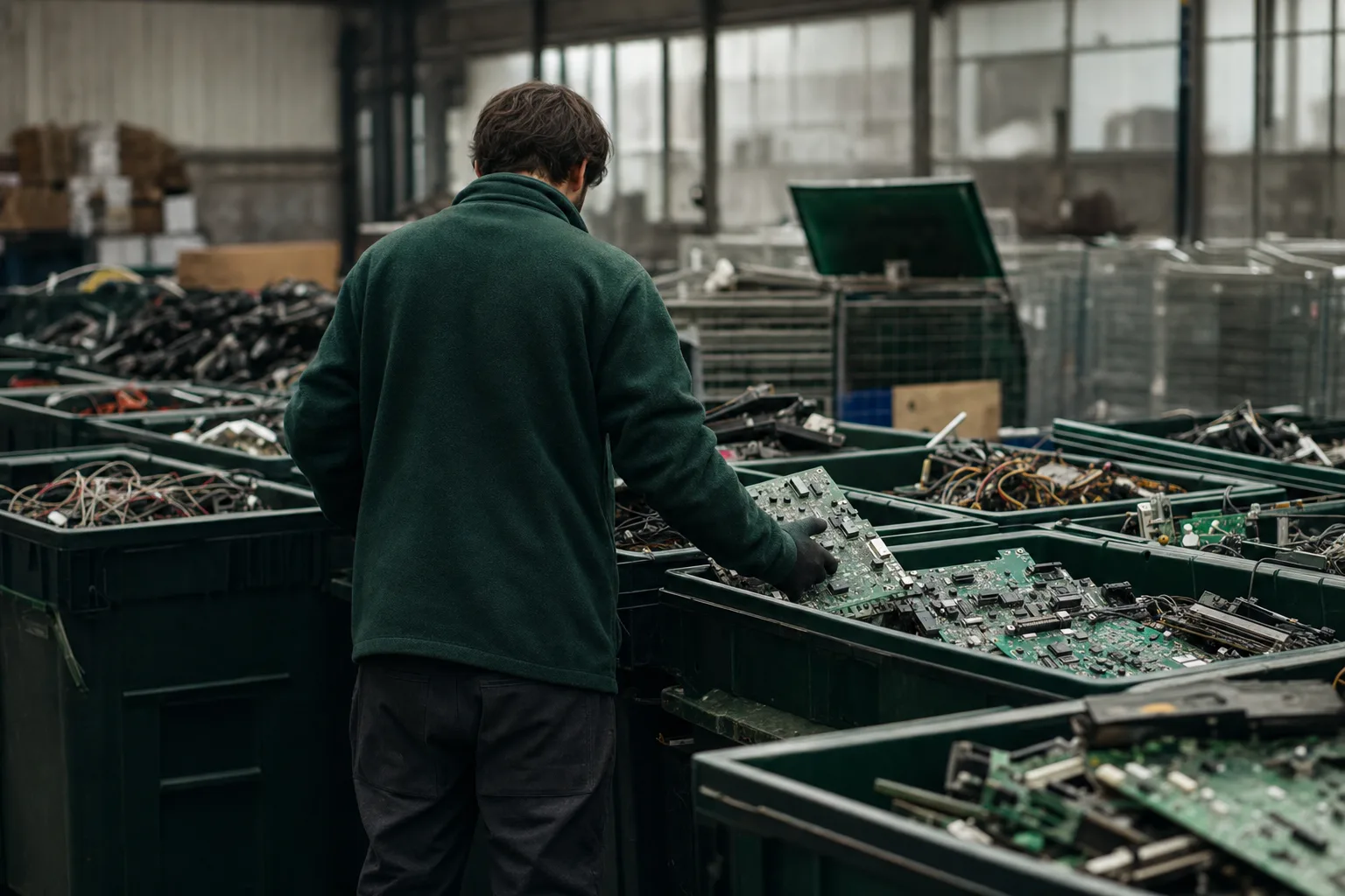 Technician sorting electronics into bins