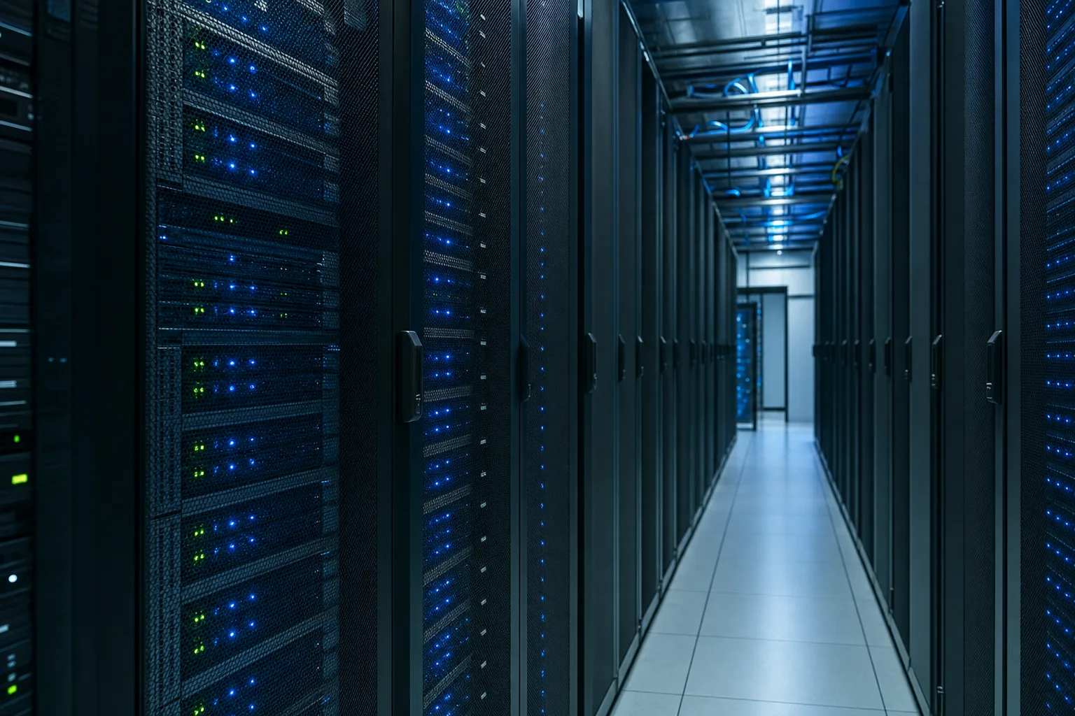 Data center aisle with blue-lit server racks