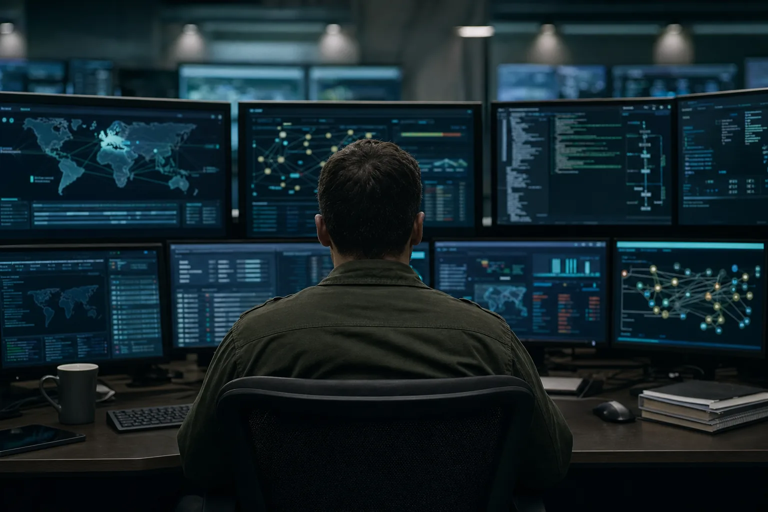 Security analyst at a multi-monitor desk seen from behind
