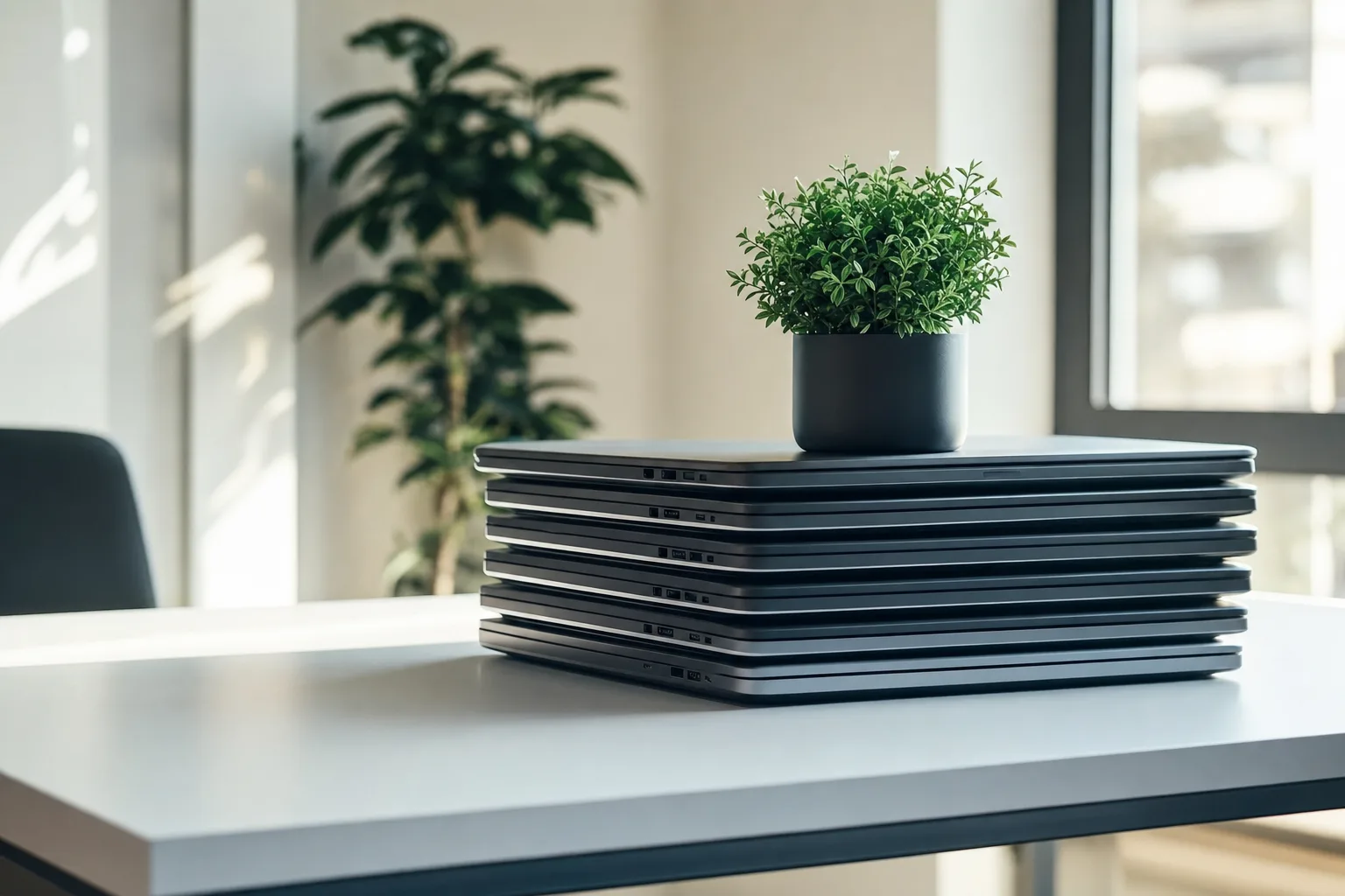 Stack of refurbished laptops with a small plant on top