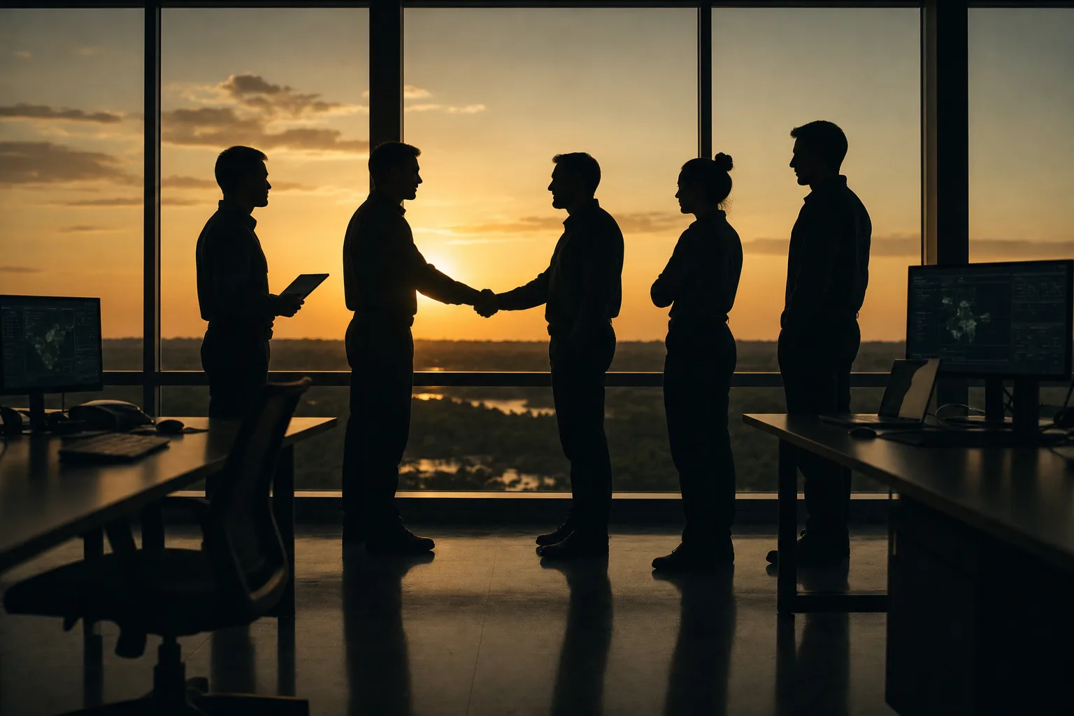 Silhouettes of a technical team shaking hands at sunset