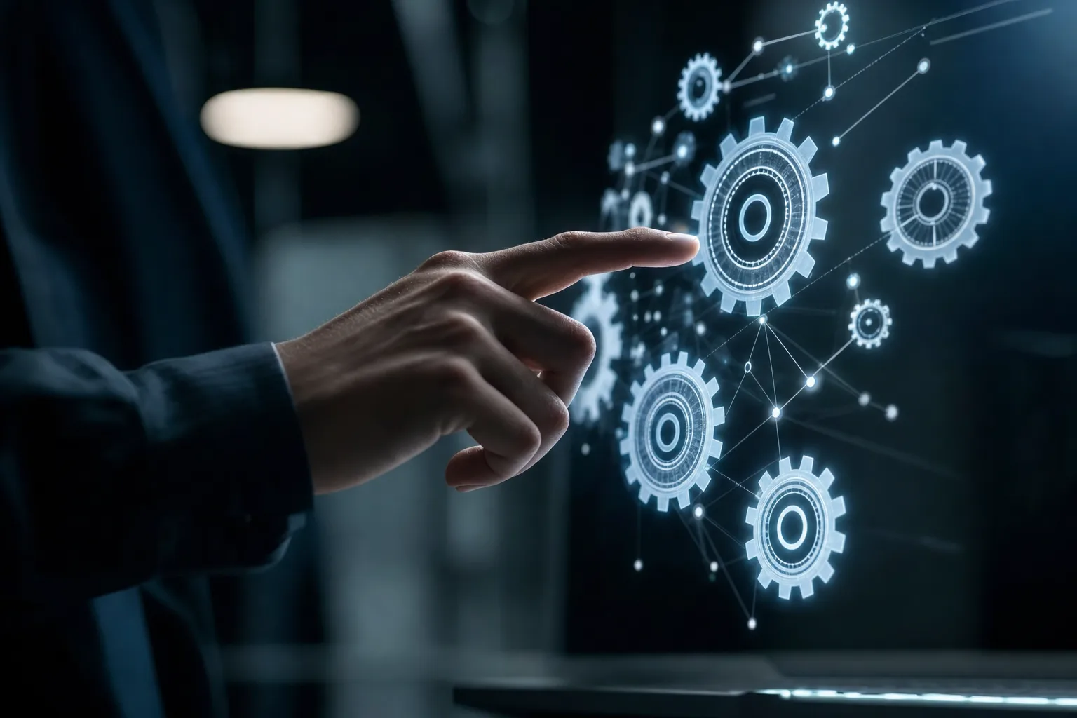 Hand touching a holographic gears interface