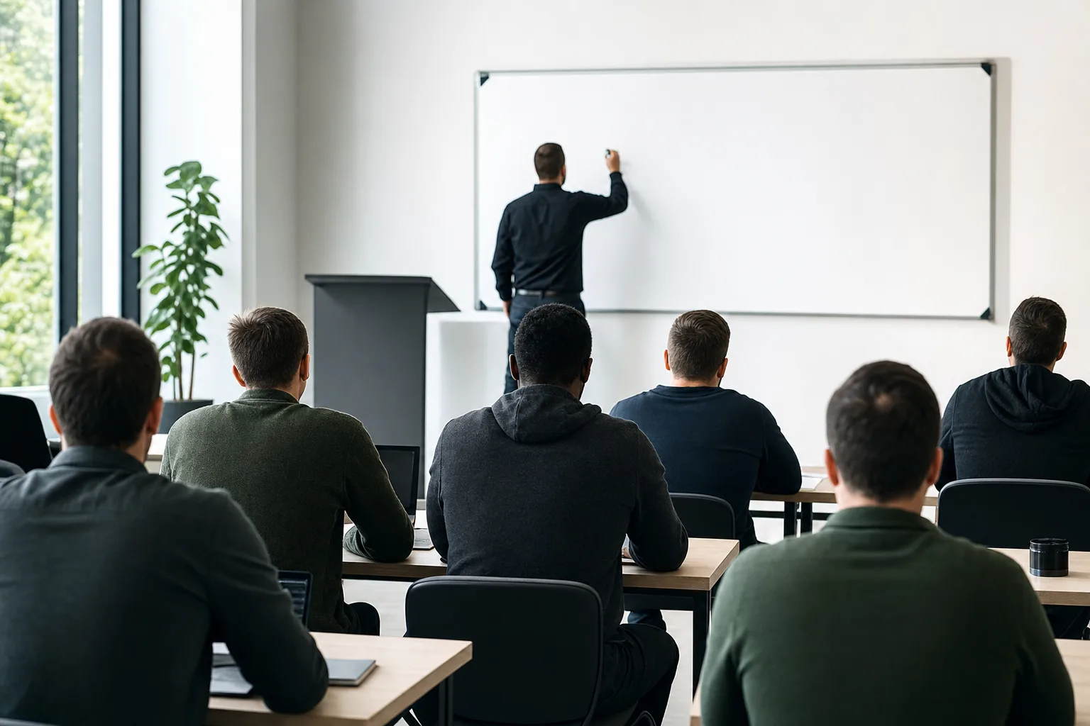 Instructor at a whiteboard with learners seen from behind