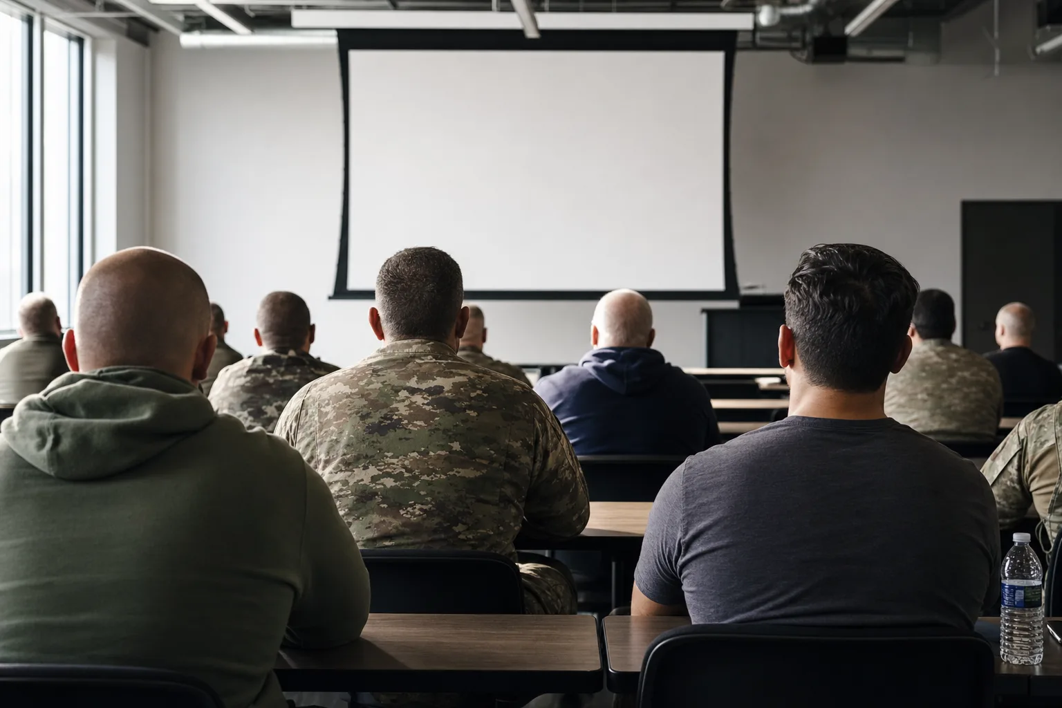 Veterans in a classroom seen from behind