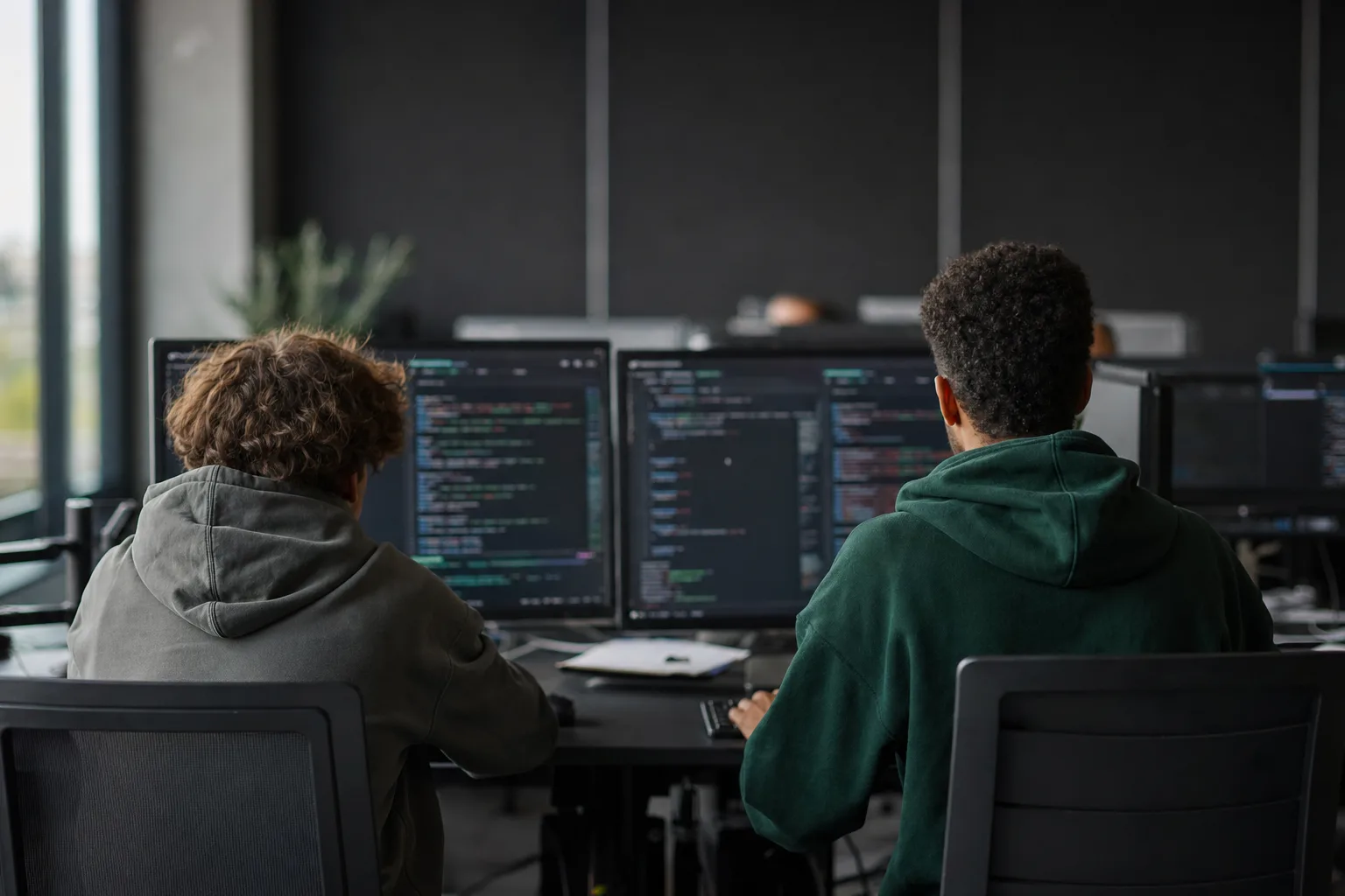Two learners working at code screens