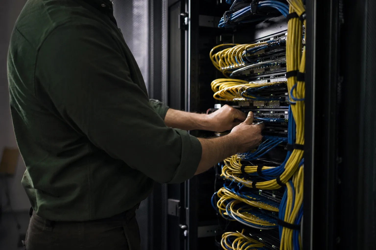 Technician cabling a network rack