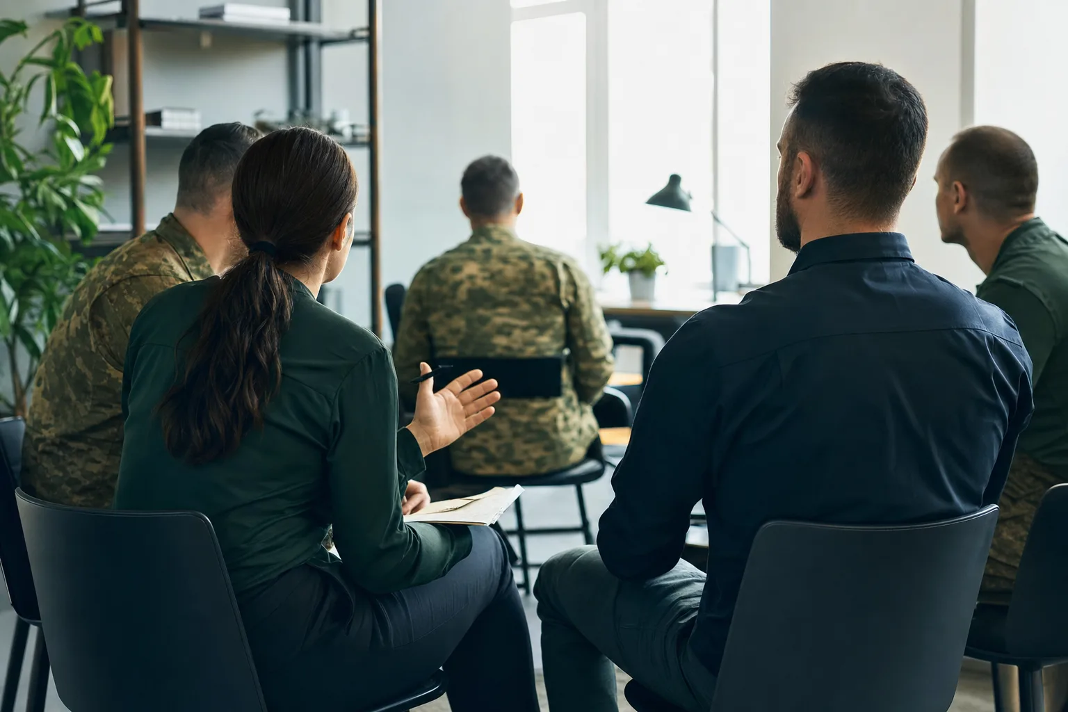Small group discussion in a bright office