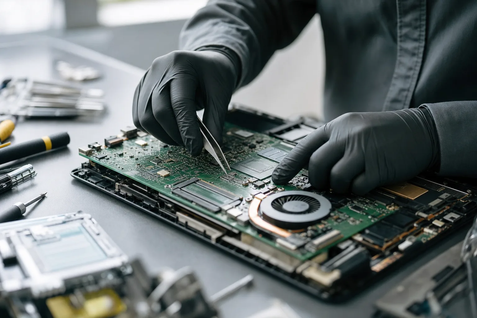 Gloved hands repairing a laptop motherboard